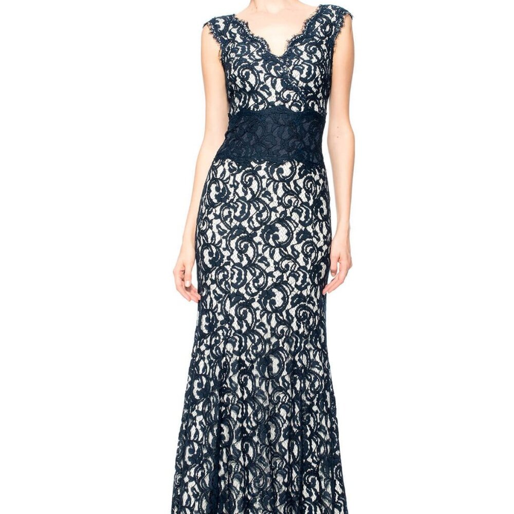 Contrast Waist Lace Gown from Tadashi Shoji, in navy and cream